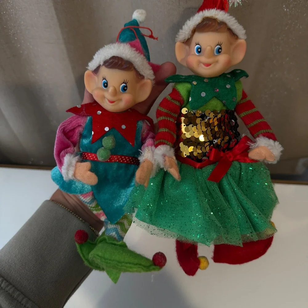 Christmas Elf Doll Ornaments Set of 2 Posable Sequin Tulle Holiday Decor Figures